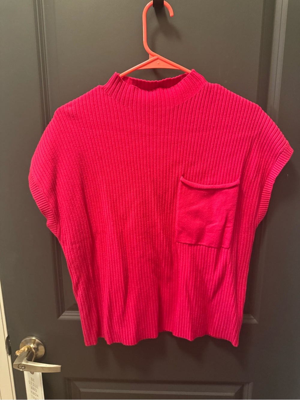 Bright Pink Ribbed Short-Sleeve Sweater Top